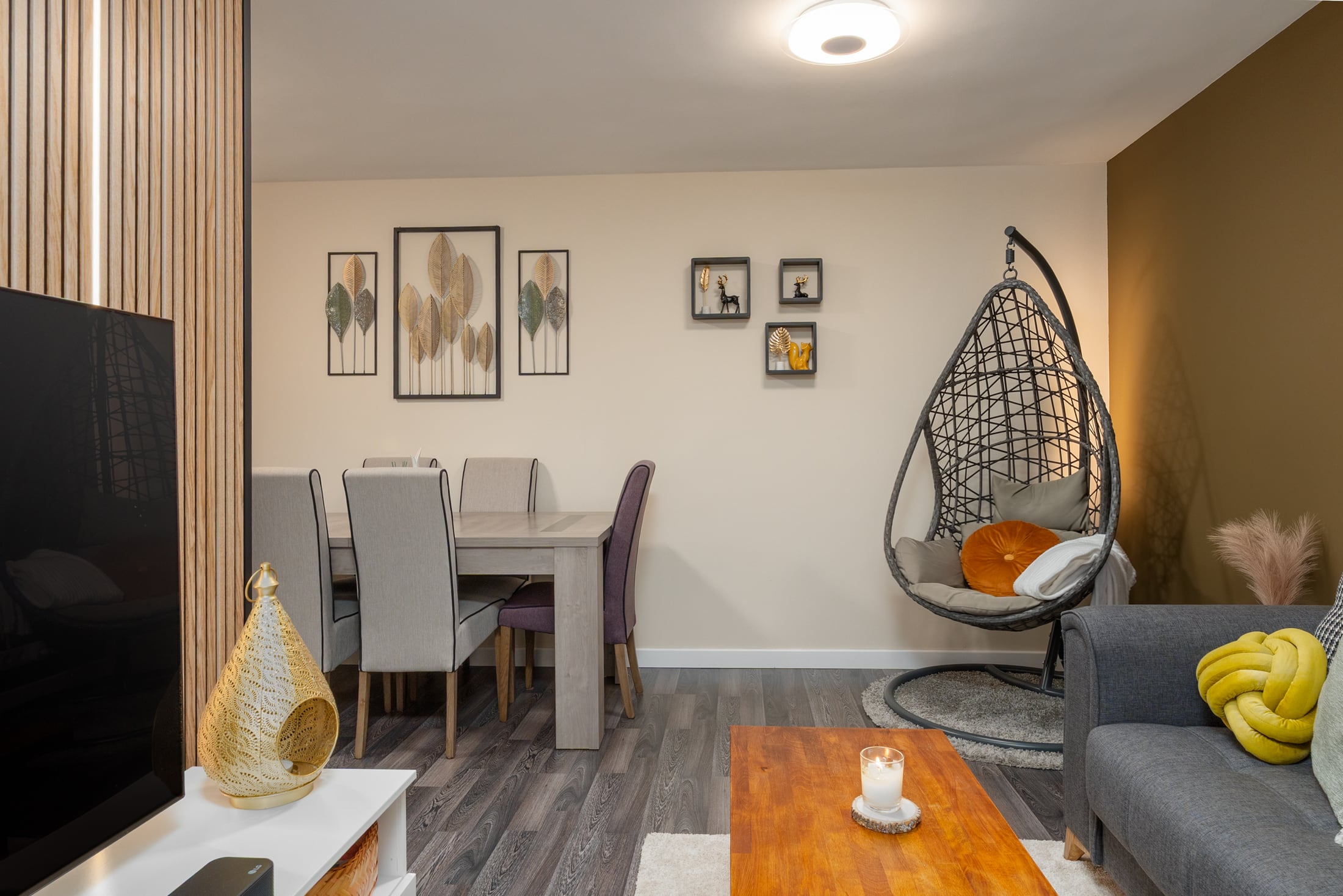 Salón moderno con comedor y sillón colgante